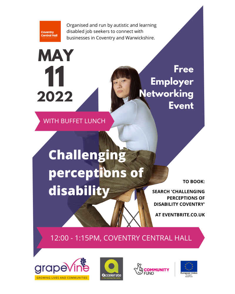 A poster in purple and pink with an image of an Asian woman sitting on a stool and advertising the Employer Networking Event in Coventry on 11 May 2022.