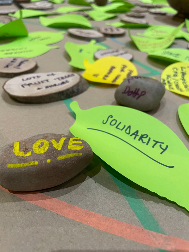 Post it, pebbles and slices of natural wood spread out on a floor with messages and ideas written on them from Feburary 2023's Collaboration Station.