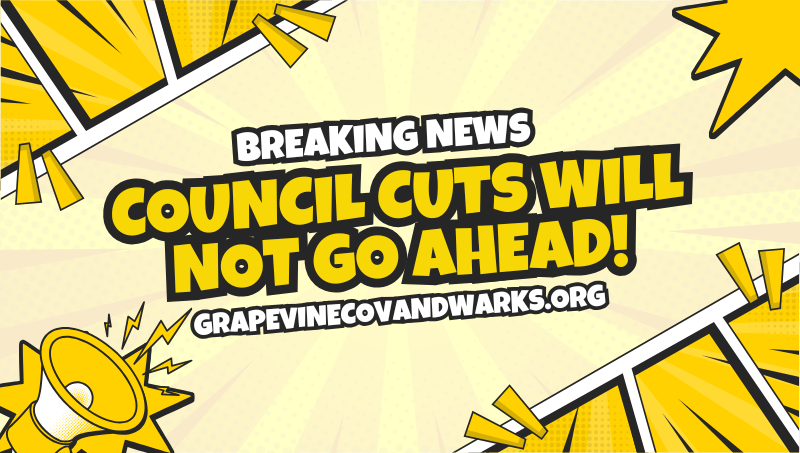 A yellow cartoon strip themed illustration featuring a megaphone, bright flashes and bubble text, reading: "Breaking news. Council cuts will not go ahead! grapevinecovandwarks.org"