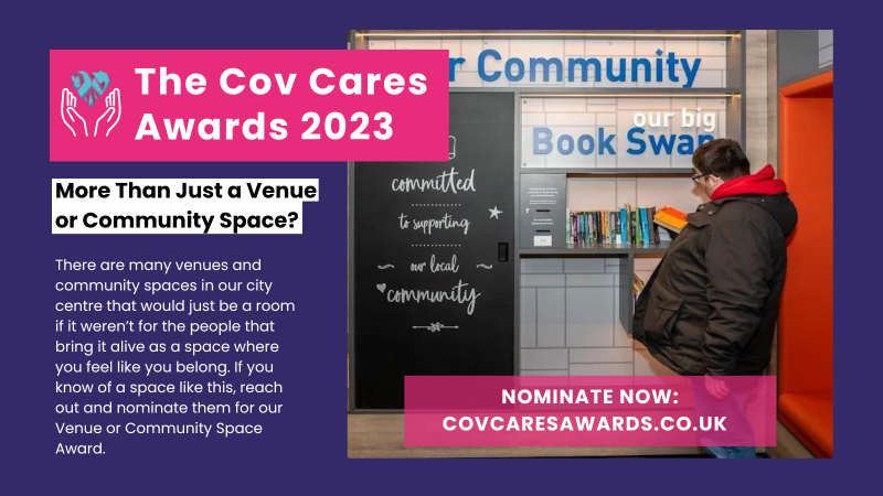 A disabled man pauses to look at book on a shelf available to be swapped inside a community space. He is wearing a coat and red hoody underneath. The website on the image is www.covcaresawards.co.uk
