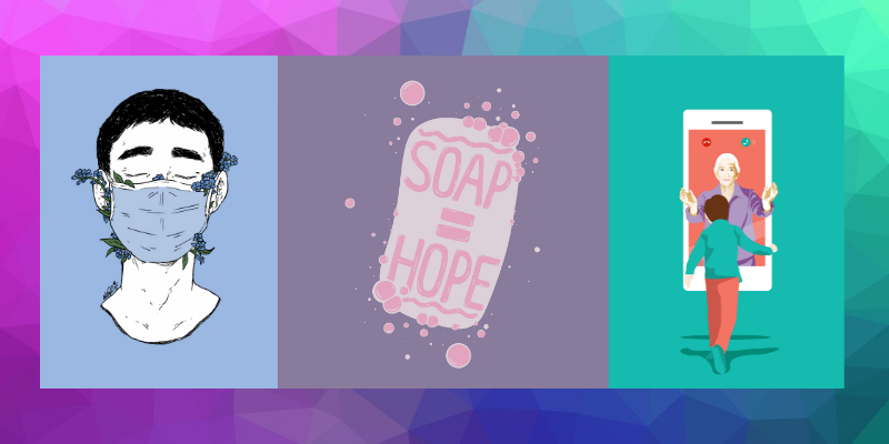 Three colourful illustrations by the United Nations Covid Response show a man in a mask, a bar of soap and a child hugging Grandma through a mobile telephone. The colours are purple and blue hues.