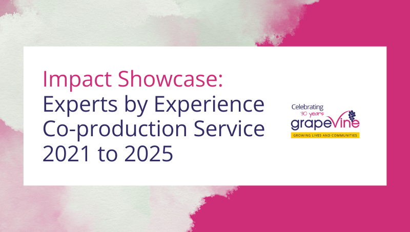 A report cover with pink background with white cloud smudge and bold text that reads, "Impact Showcase: Experts by Experience Co-production service 2021 to 2025' alongside Grapevine 30 years logo.