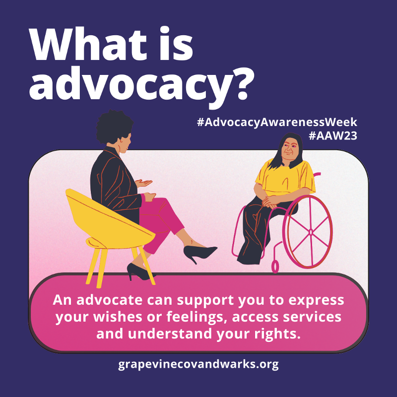 An illustrated pink and purple graphic asks "What is advocacy?" in bold, white type with our logo and website included too. The sketched image shows a woman in a wheelchair listening to another woman talking from the chair she is sitting on opposite to her.