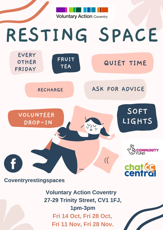 An illustrated poster showing a woman lying down with her eyes closed on pillows with the words 'Resting Space' across the top and the VAC logo.