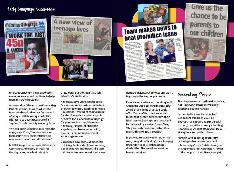 A double page spread from Grapevine's 30 years story shows text across the bottom half and newspaper cuttings across the top about some of Grapevine's campaigns.