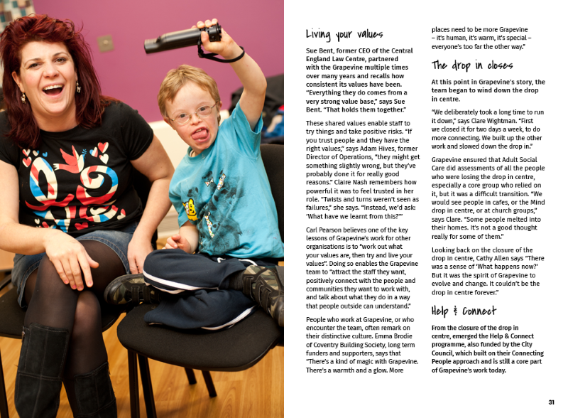 A double page spread from Grapevine's 30 years story shows half the page dedicated to a photo of a young smiling brunette woman sitting next to a young boy who has Down's Syndrome and is holding a microphone aloft. The other page is text.