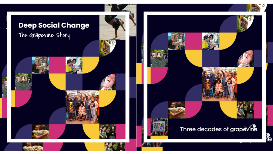 A colourful front cover of a report about 30 years of Grapevine featuring yellow, pink and purple pathways woven with photos over the decades. The title is 'Deep Social Change: The Grapevine Story. Three decades of Grapevine'.