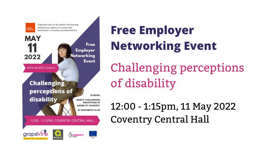 A poster in purple and pink with an image of an Asian woman sitting on a stool and advertising the Employer Networking Event in Coventry on 11 May 2022.