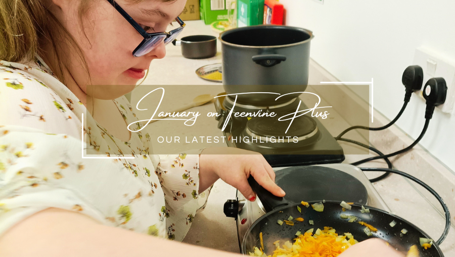 A white female teenager who has Down's syndrome wears glasses with her brown hair and white flowery top as she fries chopped vegetables in a pan in a community kitchen.