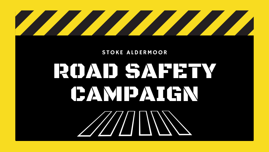 Bold yellow and black stripes across the top of blog post title that says Road Safety Campaign in Stoke Aldermoor, Coventry.