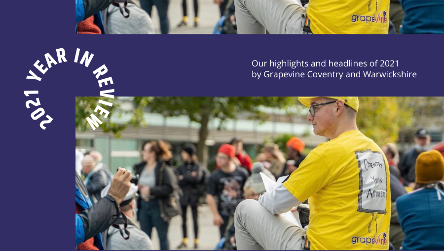 Grapevine's year in review 2021 cover featuring a photo of Joey from CYA dressed in yellow among the crowds at the Facebook London action