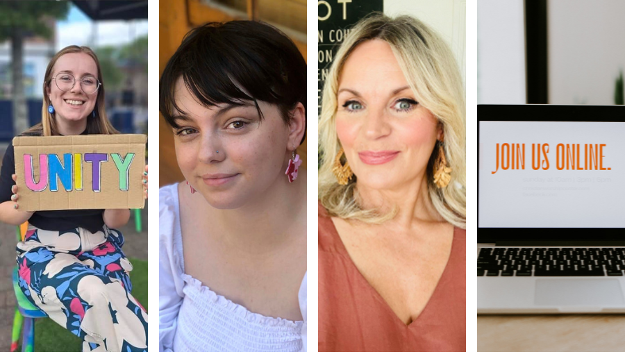 A four photo collage with white borders between each one shows three white women (two with blonde hair, one with black hair - Agatha) in staff profile photos, smiling for the camera. The fourth photo is a stock image of a laptop on a table with orange words that say "Join us online" on the screen.