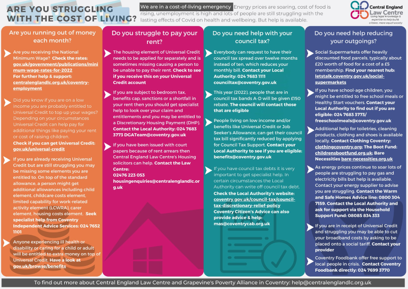 A coloured leaflet by Central England Law Centre that offers helpful advice for people struggling with money. Click the image to visit their website for more.