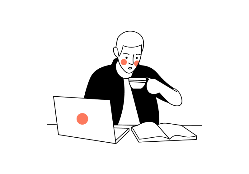 A cartoon drawing of a man holding a mug. The man has a black shirt on. His is sitting at a table. On the table is a laptop and an open book 