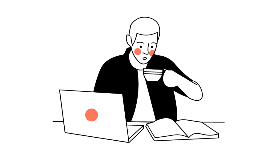 A cartoon drawing of a man holding a mug. The man has a black shirt on. His is sitting at a table. On the table is a laptop and an open book