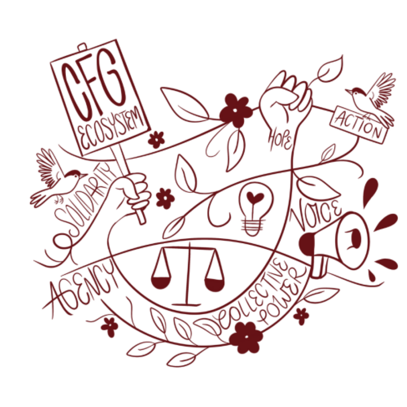 An illustration by artist and Grapevine community organiser Melissa Smith of an interwoven ecosystem, connected by vines and with illustrations of birds, hands, justice scales and a megaphone. Words include agency, collective power, action and CfG ecosystem.