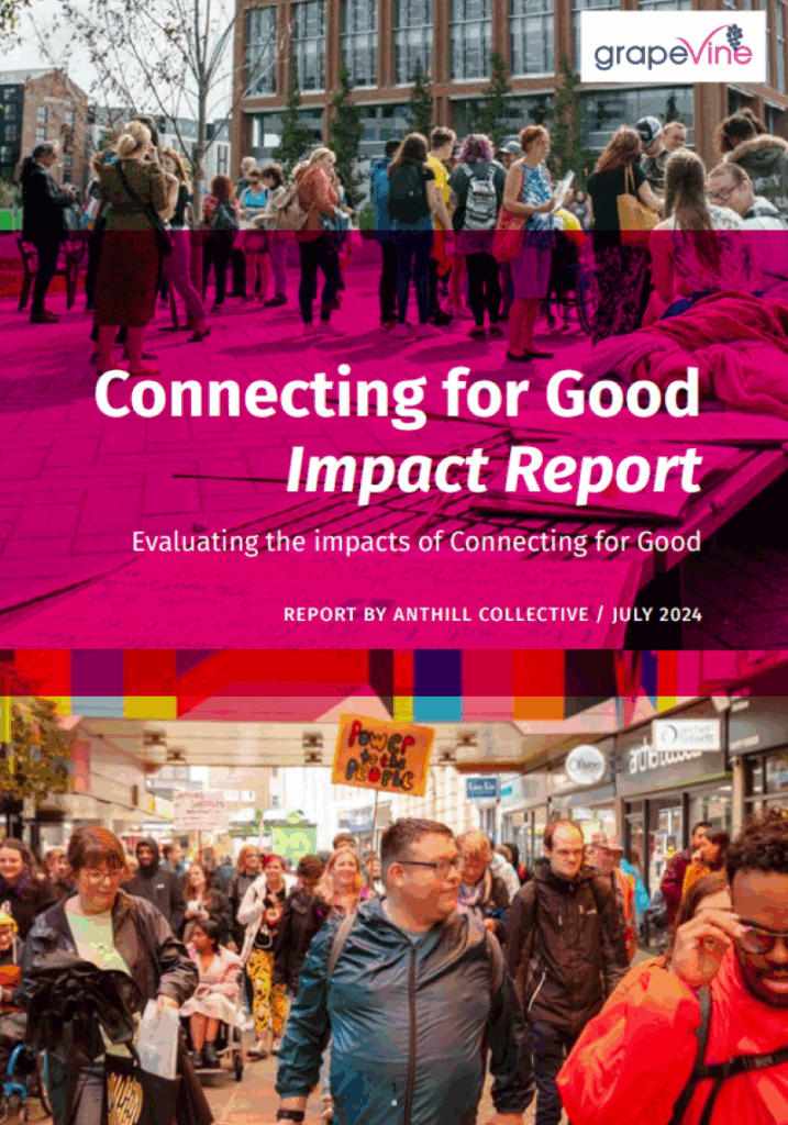 Front cover of the Connecting for Good impact report dated July 2024 and featuring an image a large, diverse group walking through Coventry city centre holding colourful handmade placards.