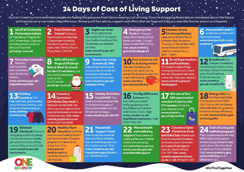 A calendar of 24 days during December compiled by Coventry City Council to help people with the cost of living crisis. All of the advice is available through the links in the Grapevine news article on web pages.