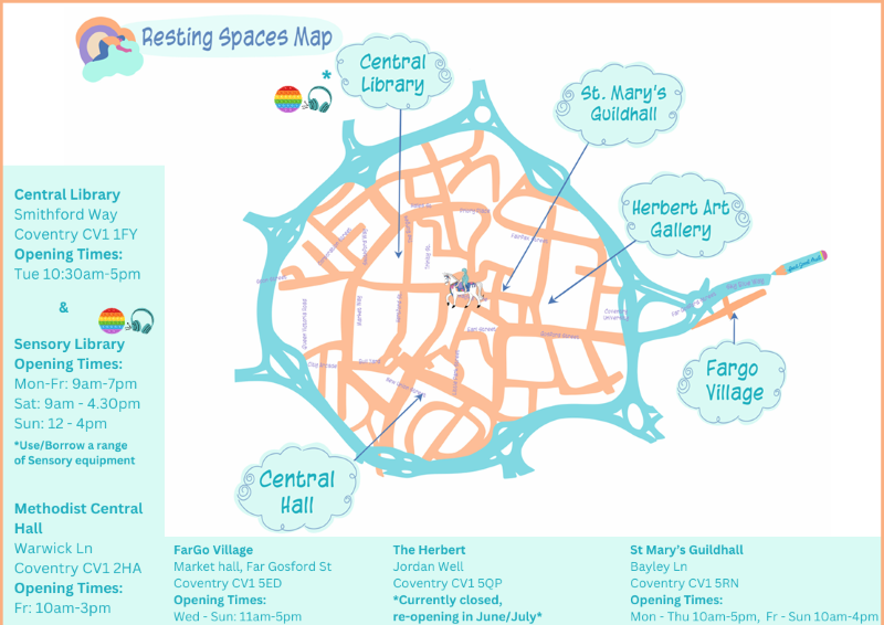 An illustrated map of Coventry city centre showing resting spaces available for free in different public venues for people who need them.