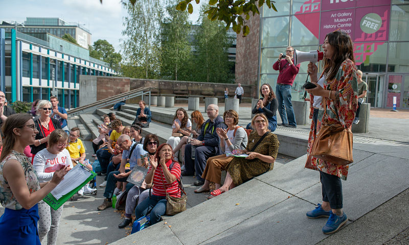 August 2019 Walk and Talk listens to Kyla speak outside Herbert Art Gallery