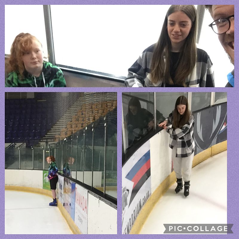 A photo collage of three photos of two girls trying out ice skating