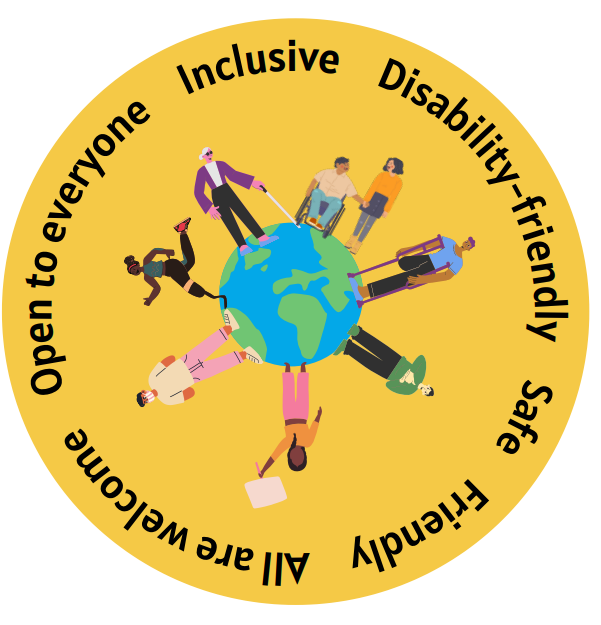 The Inclusive Badge is yellow with an Earth in the centre surrounded by all kinds of people. The text around the edge includes words like Inclusive, Disability-friendly and Open To Everyone.