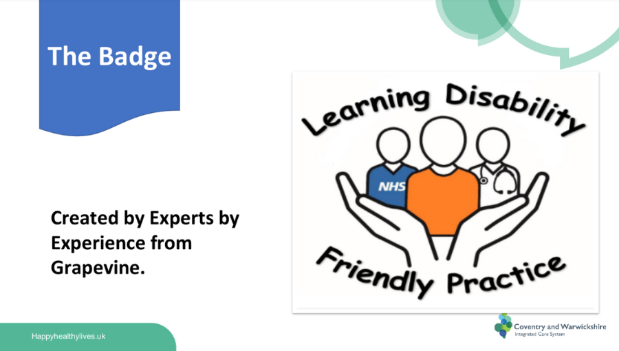 The Learning Disability Friendly Practice logo shows three people's profiles held in a pair of hands. The three figures presents a patient in orange, an NHS worker in blue and a doctor with stethoscope in white.