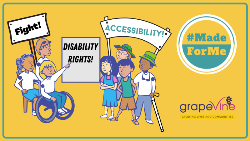 An illustration of people of different abilities holding banners that campaign for accessibility and disability rights