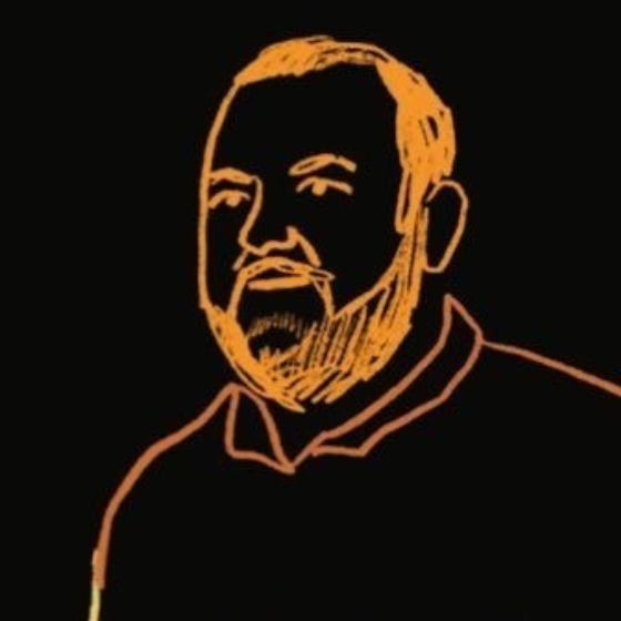 A sketch in orange on a black background of a man with a beard.