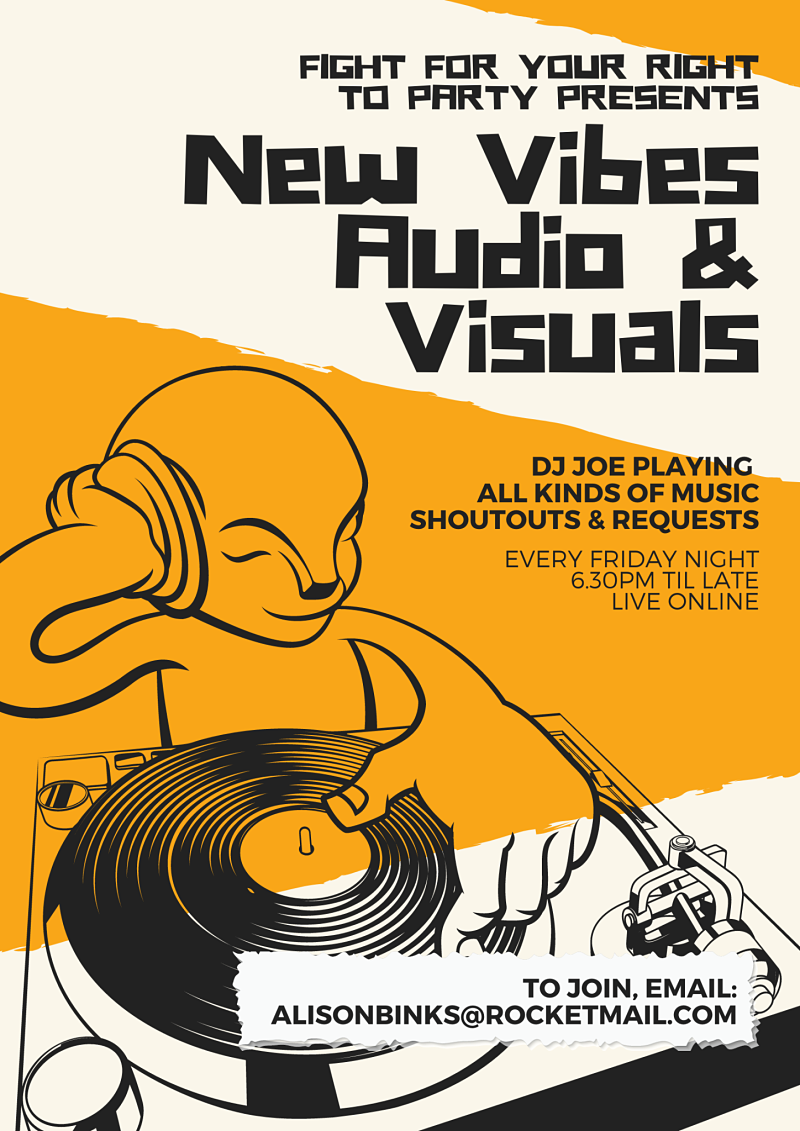 Poster describes the New Vibes audio and visuals DJ event happening every Friday online