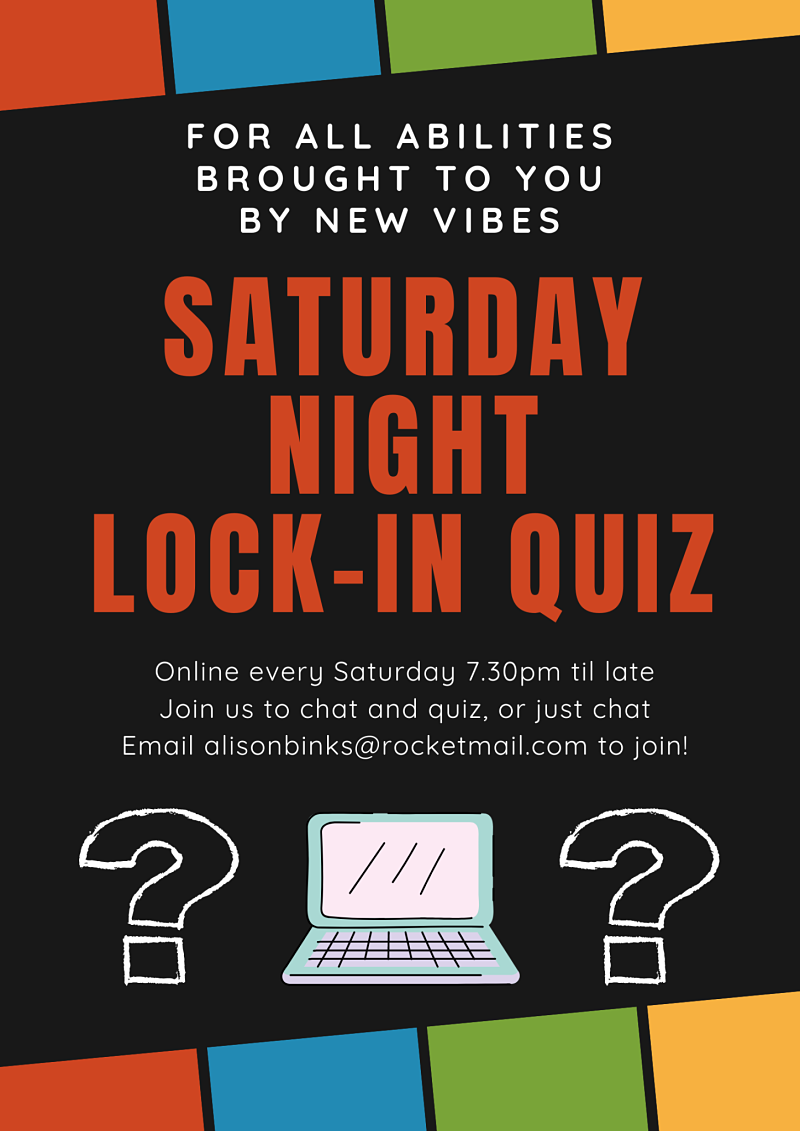 Posters describing New Vibes Saturday night lock-in quiz happening every week online