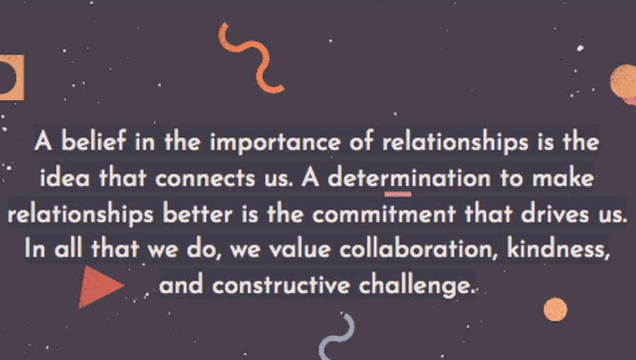 A quote in white text on a purple background from the Relationships Collective reads: A belief in the importance of relationships is the ideas that connects us. A determination to make relationships better is the commitment that drives us. In all that we do, we value collaboration, kindness and constructive challenge."