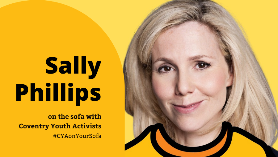 Sally Phillips on the sofa with Coventry Youth Activists