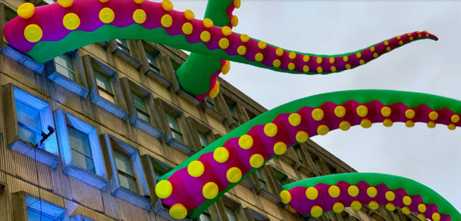 Tentacles emerge from a building in Coventry city centre during 2020