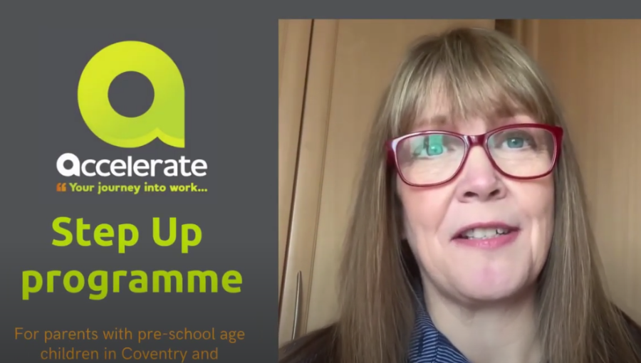 Screenshot of a woman wearing glasses talking the camera about Accelerate's Step Up programme for parents of pre-school age children to get back into work