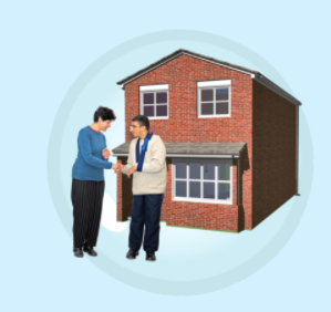 Two people stand in front of a house