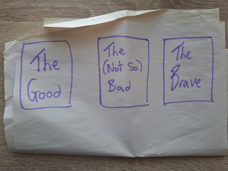 Flip chart paper on a table with the words The Good, The (not so) Bad and The Brave written in three boxes.