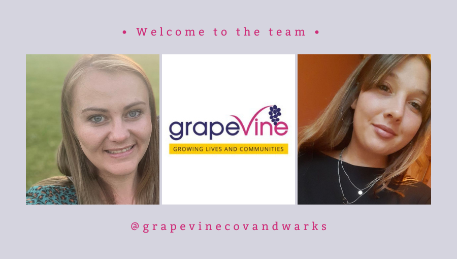 A photo collage shows new starters Kelly and Sophie with the Grapevine logo in the centre. The words 'Welcome to the team' and @grapevinecovandwarks are above and below the collage