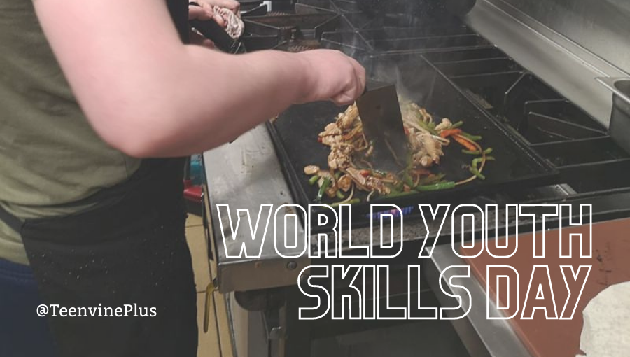 A young man fries chillies in a pan with the words 'World Youth Skills Day' across the image